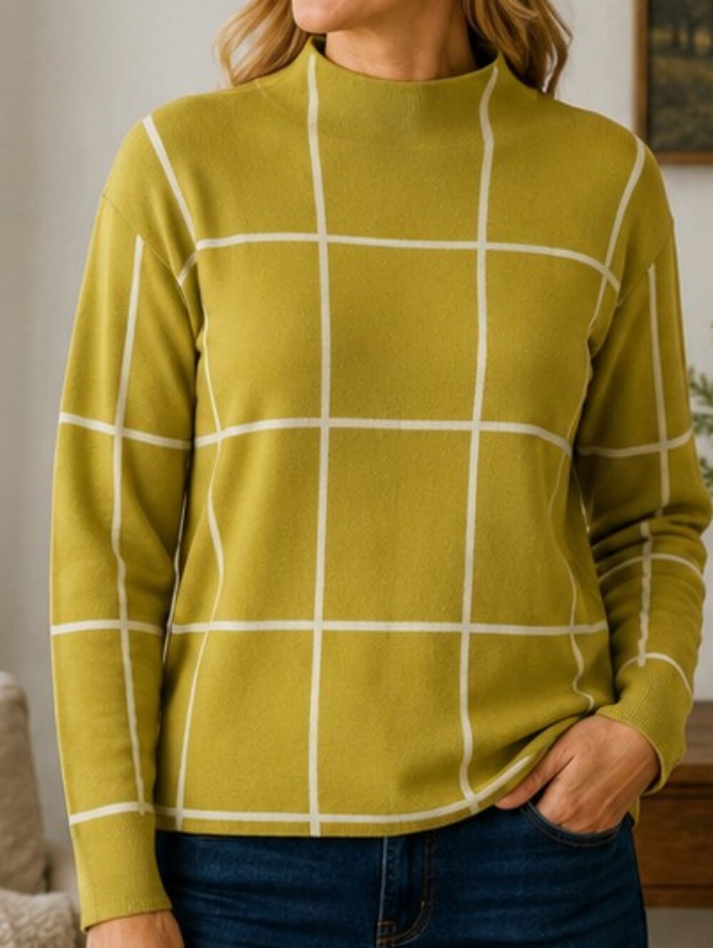 Tahari Windowpane Mock Neck Sweater Size Large Chartreuse Green